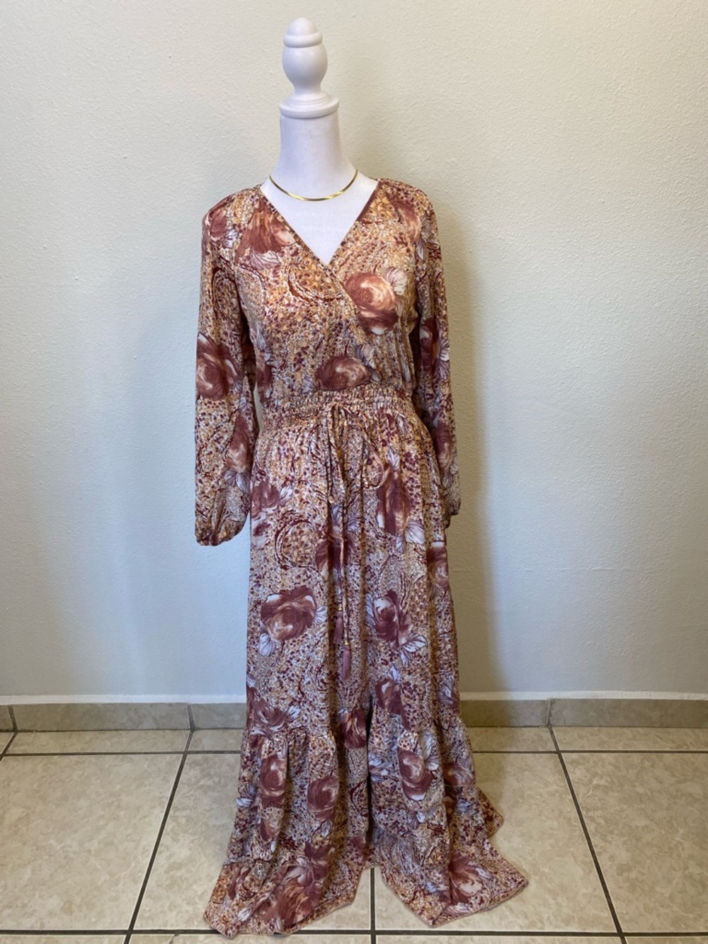 Anthro Boemo Long-Sleeved Maxi Dress S V-Neck Floral Ruffle Drawstring Boho Chic